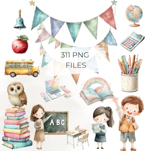 Pode incluir: Ilustrações em aquarela com elementos escolares, incluindo um ônibus escolar amarelo, uma coruja em livros, um globo e uma faixa. O texto "311 PNG FILES" é exibido. A paleta de cores inclui pastéis e cores vibrantes.
