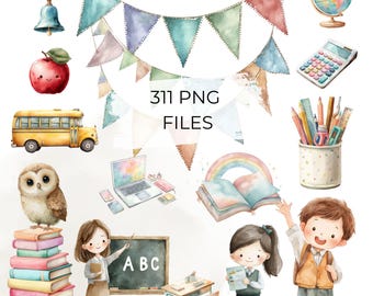 311 School Clipart Watercolor Classroom Study Elements Bundle for Teacher Worksheets Planners Back to School Designs