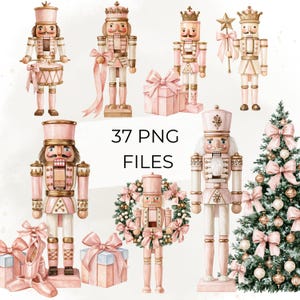 Puede incluir: Una colección de ilustraciones en acuarela con figuras de cascanueces en tonos rosa y dorado, cajas de regalo con lazos, zapatillas de ballet, una corona y un árbol de Navidad decorado, con el texto 37 PNG FILES centrado en la imagen.