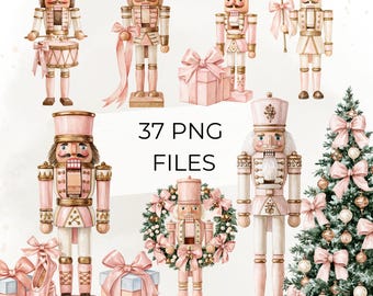Pink Nutcracker Clipart Bundle, Pastel Christmas 37 PNG, Watercolor Nutcracker, Coquette Holiday Clipart, Pink Tree Gifts