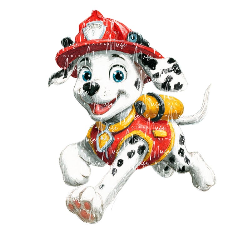 May include: A watercolor illustration of a Dalmatian puppy in a red firefighter's helmet and uniform. The puppy is running and smiling, with black spots on its white fur. The image has a cartoon style.