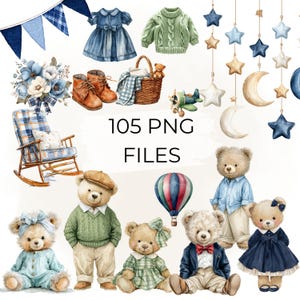 Può includere: Illustrazioni ad acquerello a tema baby, tra cui un vestito blu, un maglione verde, orsacchiotti, una sedia a dondolo e una mongolfiera. È presente anche il testo "105 PNG FILES".