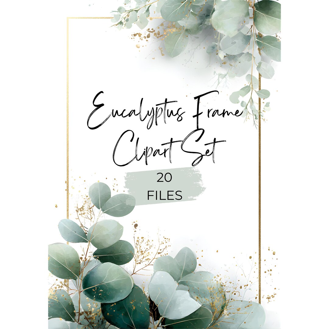 Eucalyptus Frame Clipart Set: Watercolor Greenery, Gold Foil (PNG, PDF ...