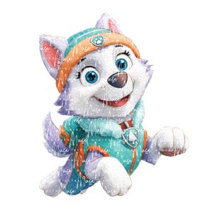 May include: A watercolor illustration of a white husky character from the Paw Patrol series. The character is wearing a teal and orange outfit with a matching hat. The character is smiling and has blue eyes.