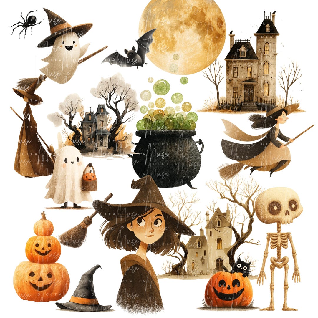 Watercolor Halloween Clipart Bundle: Witch, Ghost, Pumpkin (PNG Digital ...
