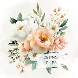 Imágenes prediseñadas florales color melocotón, flores de boda color rubor, PNG, elementos de ramo bohemio, rosa marfil para invitaciones y marca.