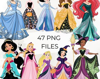 Paquete de imágenes prediseñadas de princesas de Halloween, 47 imágenes PNG de brujas de cuento de hadas, chicas mágicas, disfraces de calabaza y vestidos de baile espeluznantes.