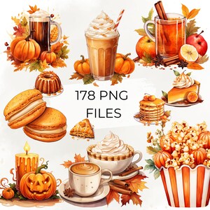 Puede incluir: Una colección de 178 archivos PNG con ilustraciones de temática otoñal que incluyen calabazas, follaje de otoño, bebidas especiadas, nata montada, ramas de canela, manzanas, pasteles, tortitas, macarons, una calabaza de Halloween, una vela y palomitas en un cubo a rayas.