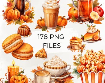 Fall Food Clipart Bundle, 178 Pumpkin Spice Drinks and Autumn Dessert PNG, Cozy Bakery Treats, Thanksgiving Sublimation