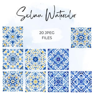 Puede incluir: Arte digital en acuarela con ocho baldosas cuadradas con patrones florales azules y amarillos. El texto "Sicilian Watercolor" está escrito en cursiva, y también se incluye "20 JPEG FILES".