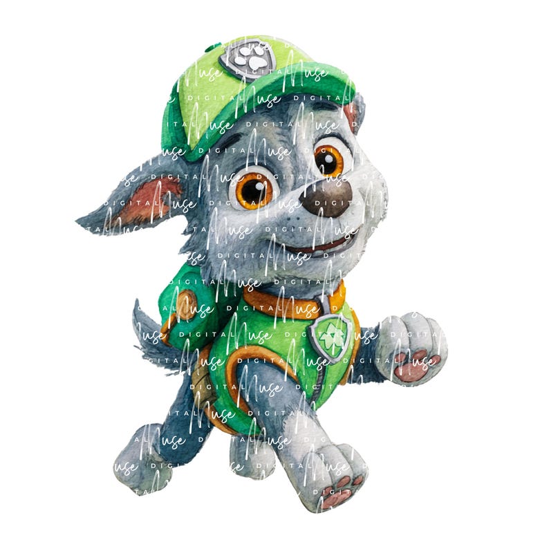 May include: Watercolor illustration of a cartoon dog in a green and orange uniform and hat. The dog is gray and white with brown eyes and is running forward. The hat has a paw print on it.