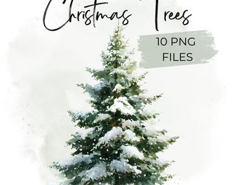 10 Watercolor Snowy Christmas Trees PNG Clipart Bundle | Winter Evergreen Illustrations | Holiday Forest Art | Sublimation Set