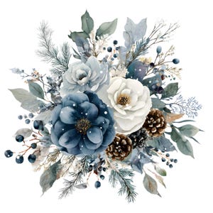 May include: Watercolor floral arrangement featuring blue, white, and green flowers, pinecones, and berries. The arrangement has a winter theme with a touch of snow. The flowers are the focal point, with detailed petals and golden centers.