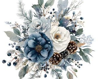 May include: Watercolor floral arrangement featuring blue, white, and green flowers, pinecones, and berries. The arrangement has a winter theme with a touch of snow. The flowers are the focal point, with detailed petals and golden centers.