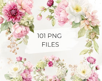 Pink Peony Floral Clipart Bundle, 101 Watercolor Wedding Flowers PNG, Blush Bouquet, Wreath, Frame and Border Digital Download