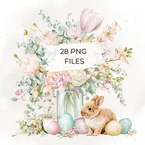 Może przedstawiać: Akwarelowa ilustracja z królikiem, pisankami i kwiatami w pastelowych kolorach. Zawiera szklany wazon z kwiatami i tekst "28 PNG FILES". Ogólny motyw to wiosna i Wielkanoc.