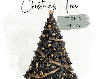 17 Black Christmas Tree Clipart Gold Decor, Elegant Holiday PNG, Modern Xmas Tree, Luxury Winter Illustration