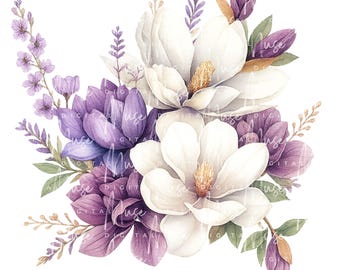 Violet Floral Bouquet Clipart: Purple Watercolor Flowers (Digital Download PNG Set)