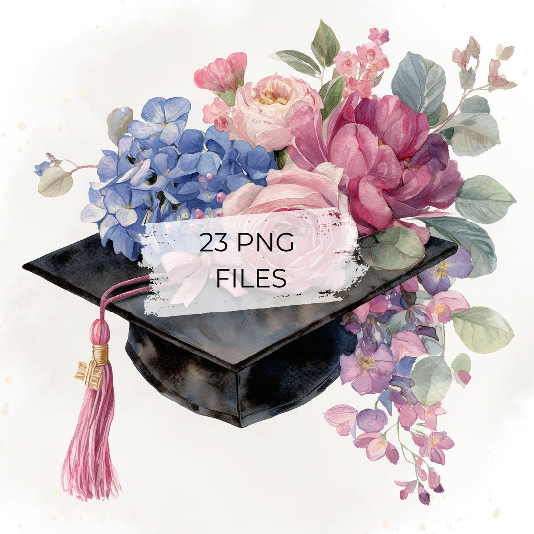 Graduation Clipart Watercolor Floral Graduation Cap PNG Bundle Pink ...