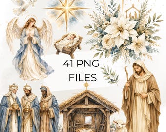 Imágenes prediseñadas de la Natividad en acuarela, paquete de imágenes PNG de la Natividad, acuarela navideña de la Natividad, imágenes prediseñadas de la Sagrada Familia con el Niño Jesús, descarga digital.