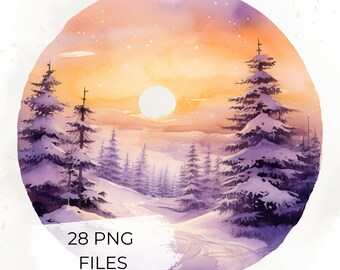 28 PNG FilesWinter Landscape Clipart Bundle, Watercolor Snowy Forest PNG, Pastel Round Winter Scenes for Cards & Invitations