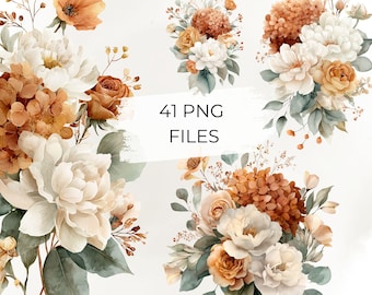 Floral Clipart PNG Bundle, Watercolor Flower Bouquets, Autumn Wedding Floral Clipart, Orange Eucalyptus PNG, Digital Download for Crafts