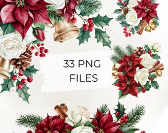 Ensemble de 33 images clipart de Noël à l'aquarelle représentant des poinsettias, avec des arrangements floraux rouges et blancs, du houx, des cloches, des pommes de pin et de la cannelle (format PNG).