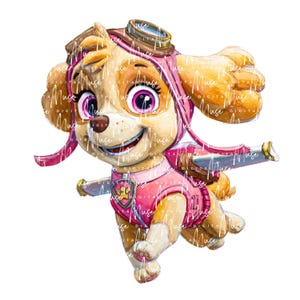 May include: A watercolor illustration of Skye from Paw Patrol, a light brown dog with pink accents. Skye wears a pink pilot helmet and vest, with goggles and a jetpack. The image is on a white background.