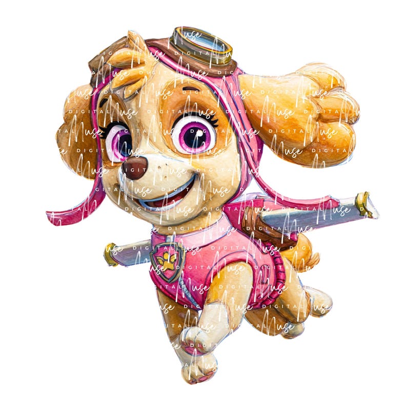 May include: A watercolor illustration of Skye from Paw Patrol, a light brown dog with pink accents. Skye wears a pink pilot helmet and vest, with goggles and a jetpack. The image is on a white background.