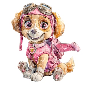 May include: Watercolor illustration of a cartoon dog, wearing a pink aviator helmet, goggles, and a matching uniform with a star emblem. The dog is sitting with a friendly expression, wings attached to its back, and a white background.