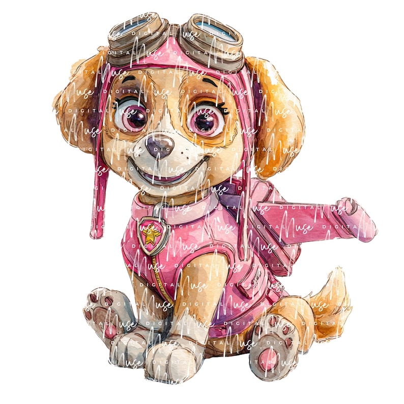 May include: Watercolor illustration of a cartoon dog, wearing a pink aviator helmet, goggles, and a matching uniform with a star emblem. The dog is sitting with a friendly expression, wings attached to its back, and a white background.
