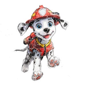 May include: Watercolor illustration of a Dalmatian puppy in a red firefighter's helmet and uniform. The puppy has blue eyes and black spots. The image is on a white background.