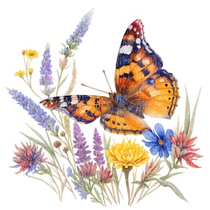 Butterfly & Wildflower Clipart: Watercolor PNGs for Junk Journals (Digital Download)