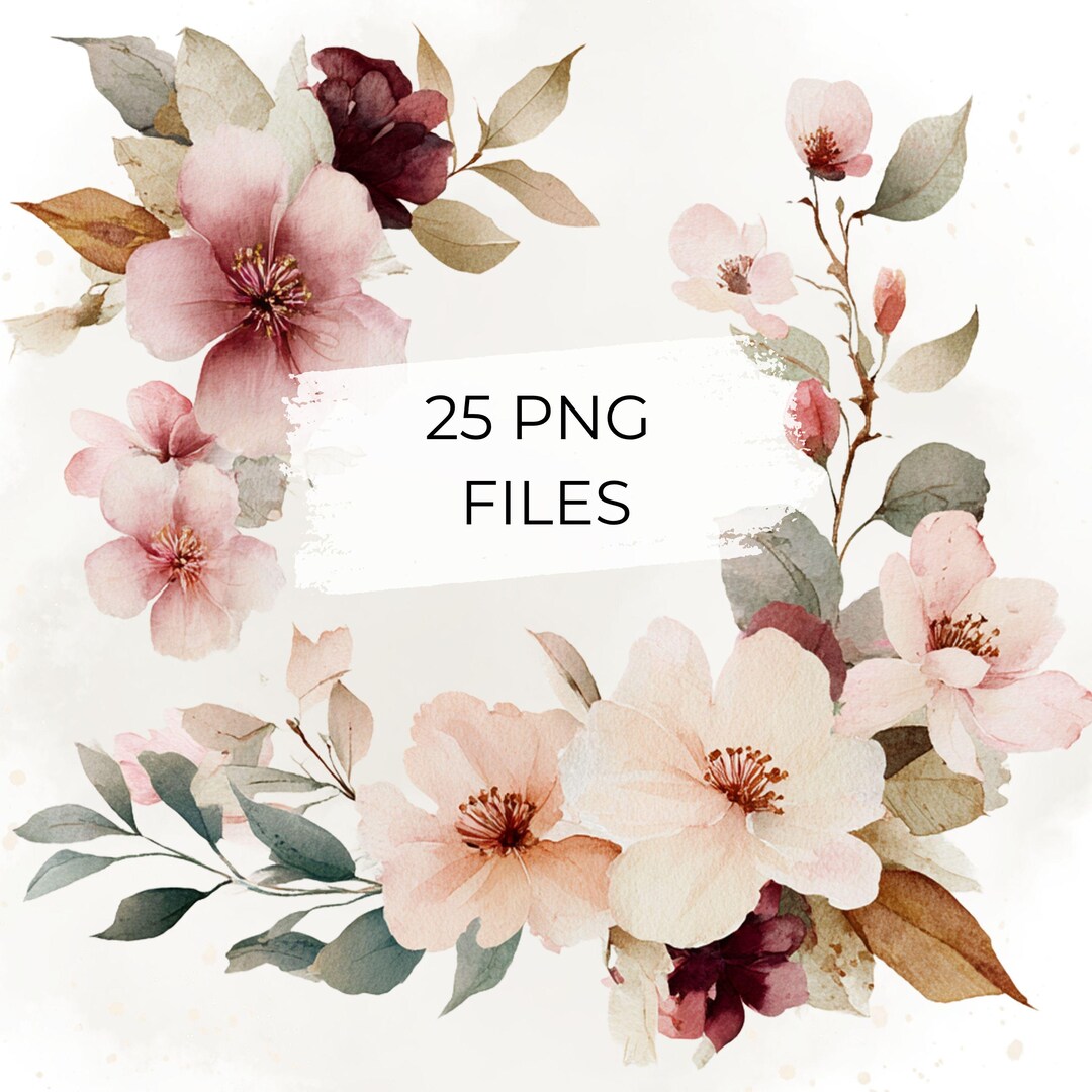 Watercolor Floral Clipart PNG Bundle, Boho Wedding Flowers, Burgundy ...