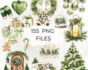 Green Plaid Christmas Clipart, 155 PNG Files, Watercolor Holiday Decor, Tree, Wreath, Gift, Ornament Graphics