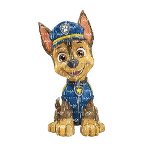 May include: Watercolor illustration of a cartoon police dog, Chase, from Paw Patrol. The dog is wearing a blue police uniform with a yellow star and a matching hat. The dog is smiling and looking at the viewer.
