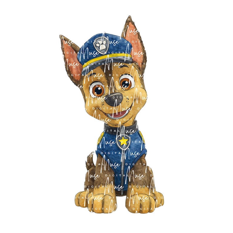 May include: Watercolor illustration of a cartoon police dog, Chase, from Paw Patrol. The dog is wearing a blue police uniform with a yellow star and a matching hat. The dog is smiling and looking at the viewer.