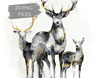 20 Luxury Gold Deer Family Watercolor Illustration, Scandinavian Winter Wildlife Wall Art, Elegant Black Nordic Holiday Decor PNG