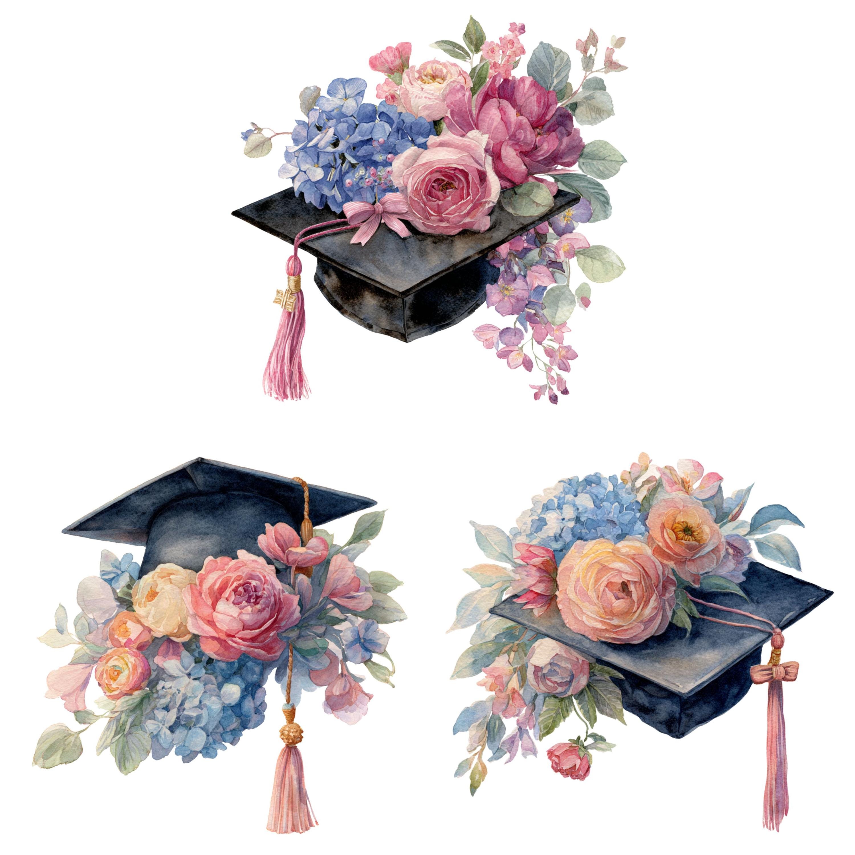 Graduation Clipart Watercolor Floral Graduation Cap PNG Bundle Pink ...