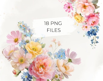 Aquarell Frühling Blumen Clipart Bundle - 18 Pastel Pfingstrose & Kosmos Arrangements für Hochzeitseinladungen