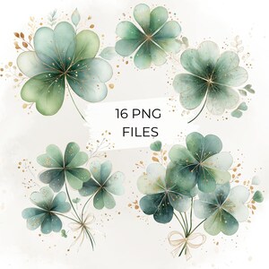 May include: Watercolour illustrations of shamrocks in various arrangements. The shamrocks are in shades of green and white with gold accents. The text "16 PNG FILES" is displayed in the centre of the image.