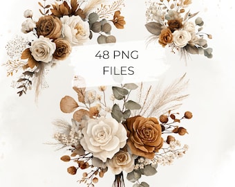 Boho Neutral Floral Clipart Dried Flowers and White Roses PNG for Wedding Invitations Earth Tone Watercolor Bouquet Graphics for Stationery