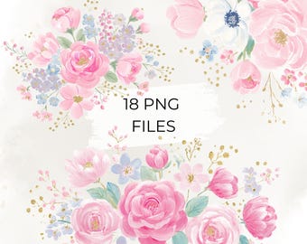 Paquete de imágenes prediseñadas florales rosas, flores en acuarela PNG, imágenes prediseñadas de ramos en tonos pastel para invitaciones de boda, 18 archivos PNG (descarga digital)