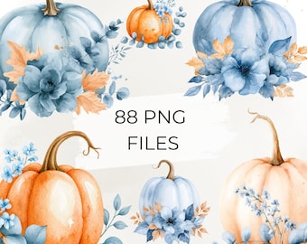Blue Pumpkin Clipart Bundle, Watercolor Fall Pumpkin PNG, Autumn Floral Pumpkins, Thanksgiving Clipart, Eucalyptus Pumpkin