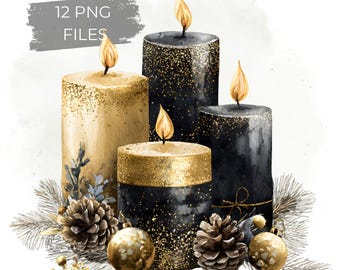 12 velas navideñas doradas y negras (imagen PNG), velas navideñas de acuarela, decoración invernal de lujo, elementos florales festivos