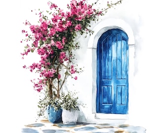 10 Watercolor Blue Door Clipart Set, Greek House Entrance Flowers, Santorini Rustic Archway, Mediterranean Doorway Art, JPEG Prints