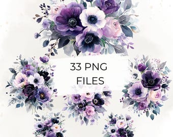 Purple Floral Clipart Set: Watercolor Anemone, Rose, Eucalyptus (Digital Download)