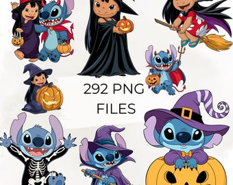 Paquete de imágenes prediseñadas de Halloween con adorables alienígenas azules: 292 personajes PNG de brujas, vampiros, fantasmas, momias, calabazas y disfraces de Halloween.