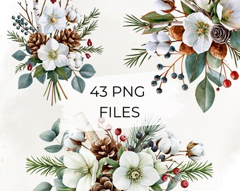Winter Floral Clipart Bundle, 43 Watercolor Christmas Bouquets PNG, Cotton Flowers, Pinecones, Eucalyptus and Red Berries