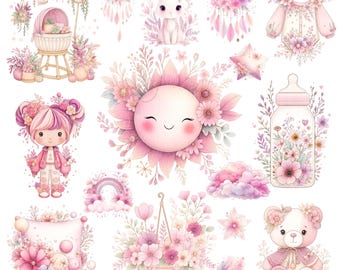 Aquarel babyshower-clipart: roze kinderkamerkunst, beer, maan, sterren (digitale png-set)